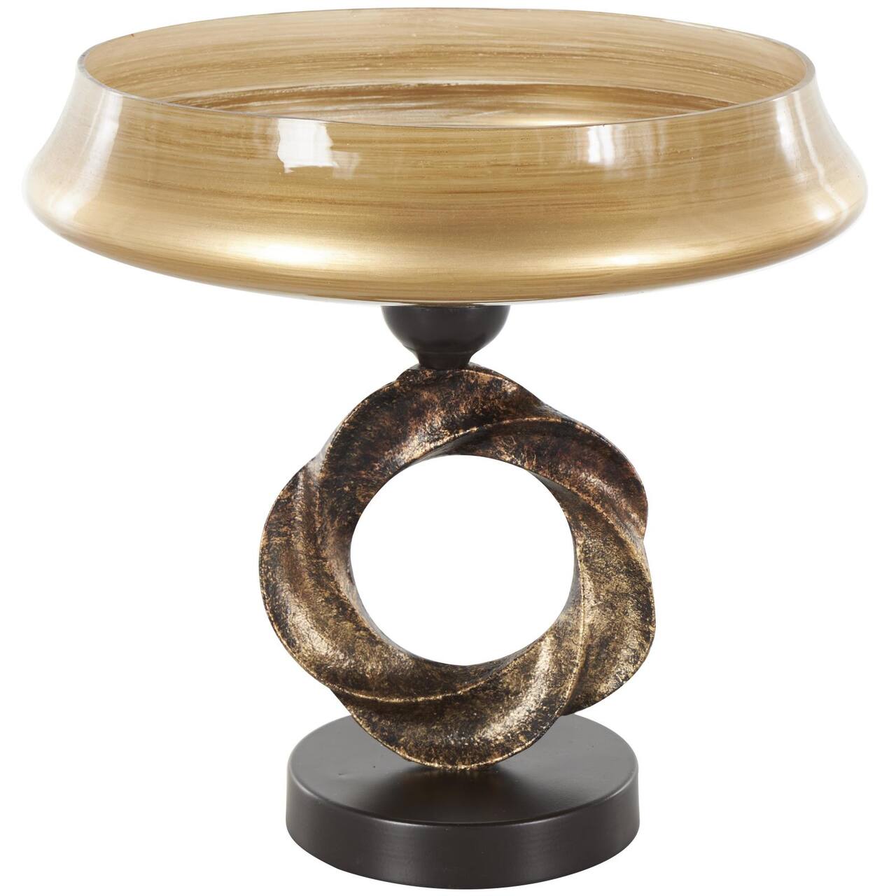12.5" Brown Glass Wide Brushed Decorative Bowl with Textured Ring Base